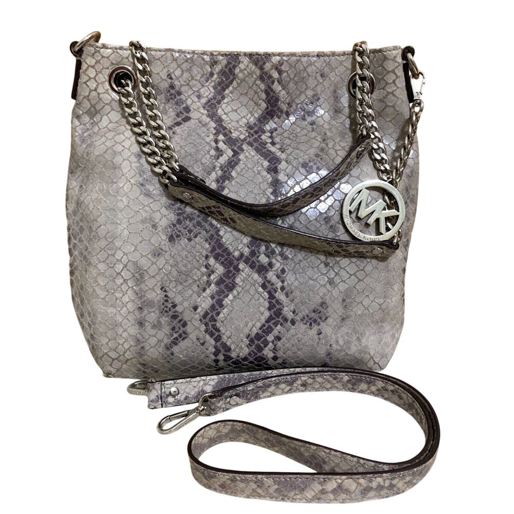 MICHAEL KORS JET SET Gray Python Leather North South Convertible Chain Hobo
